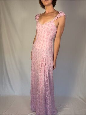 LoveShackFancy Pink Ruffled Strap Floral Maxi Dress